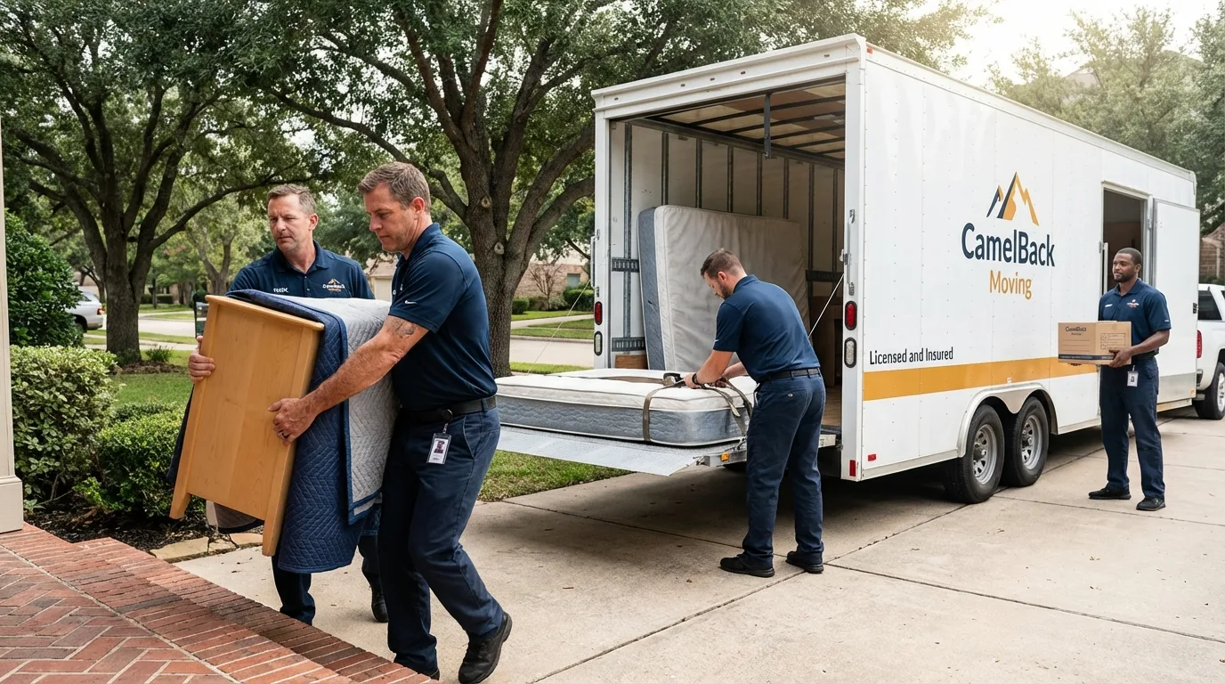 Crew loading residential truck for cross-state move from West Des Moines, IA