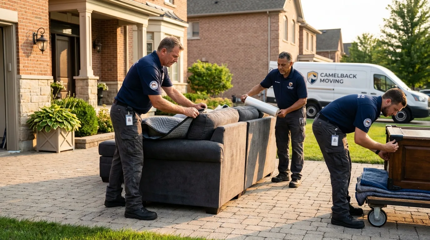Large estate moving crew wrapping furniture in West Des Moines, IA