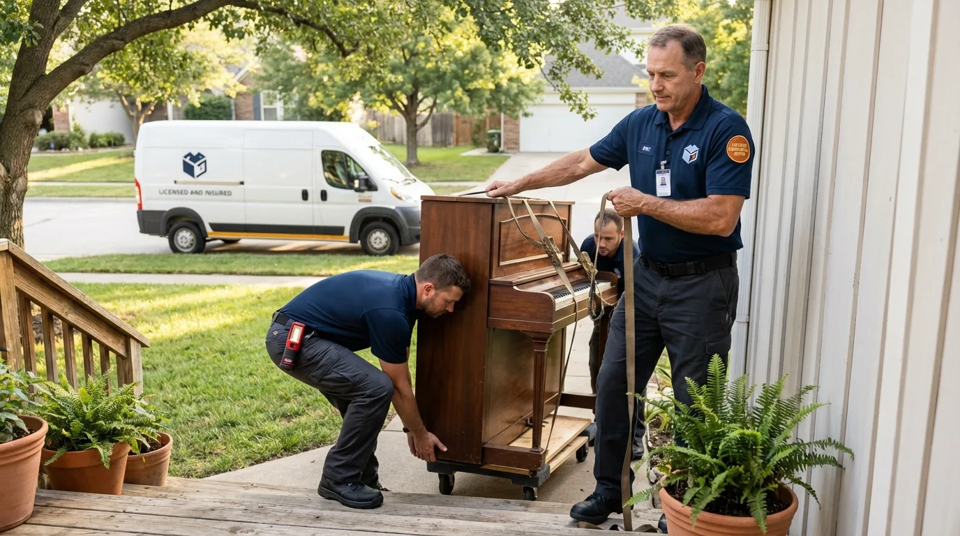 Licensed piano movers securing grand piano in West Des Moines, IA