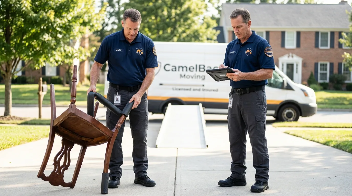 Movers inspecting furniture for damage prevention before loading in West Des Moines, IA