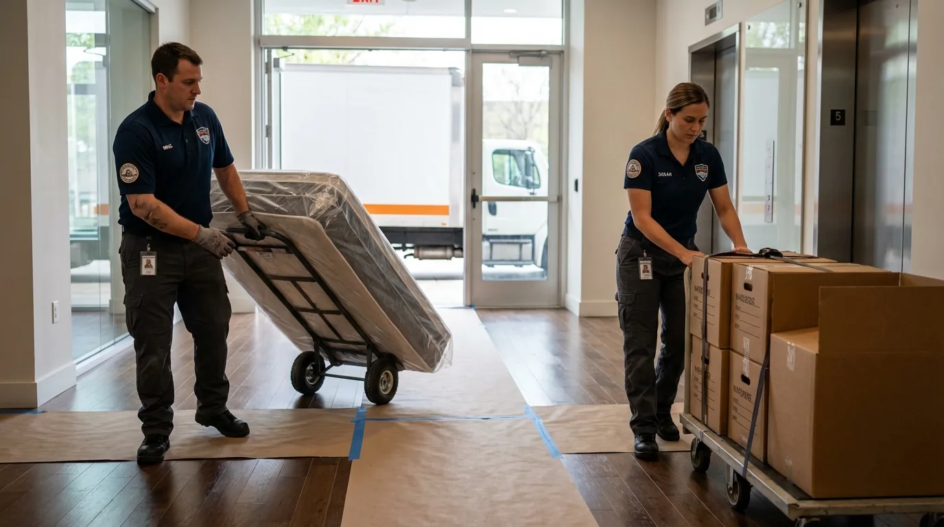 Professional apartment movers loading elevator in West Des Moines, IA