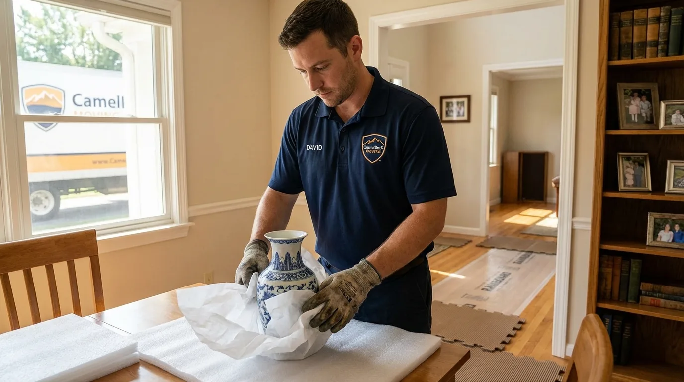 Professional crew carefully wrapping antique vase for senior downsizing move in West Des Moines, IA